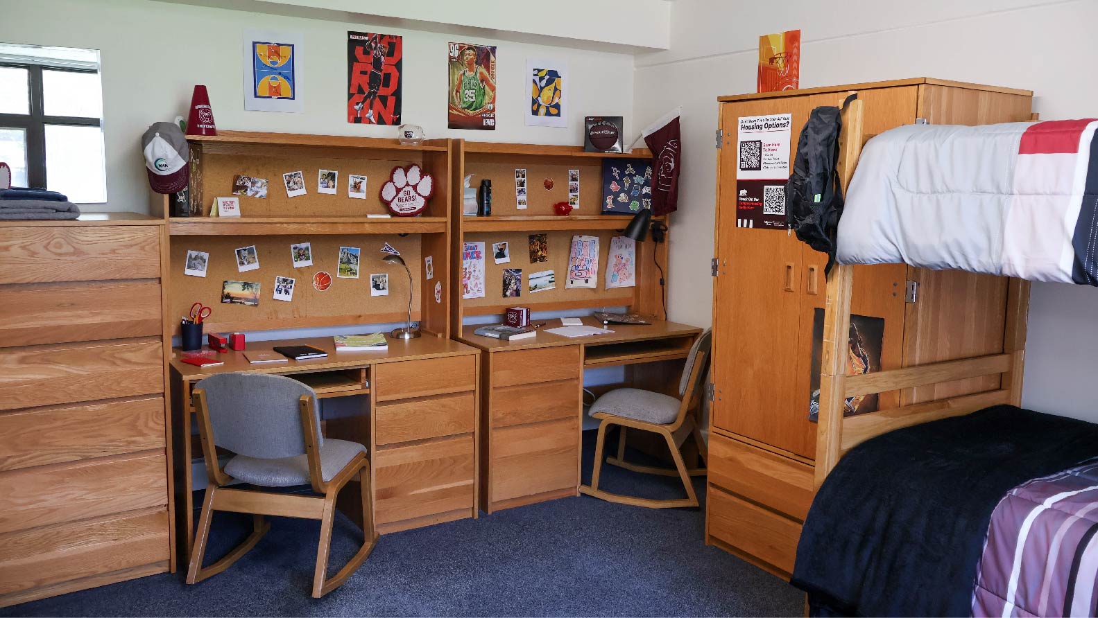 two desks and chairs with wardrobe and set of six drawers